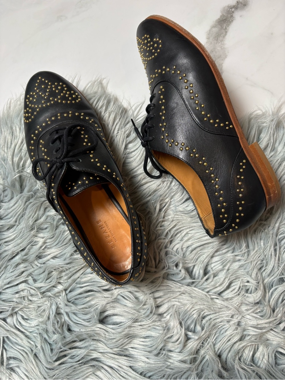 Sezane Louise studded leather lace up derby Oxford in black gold - 37